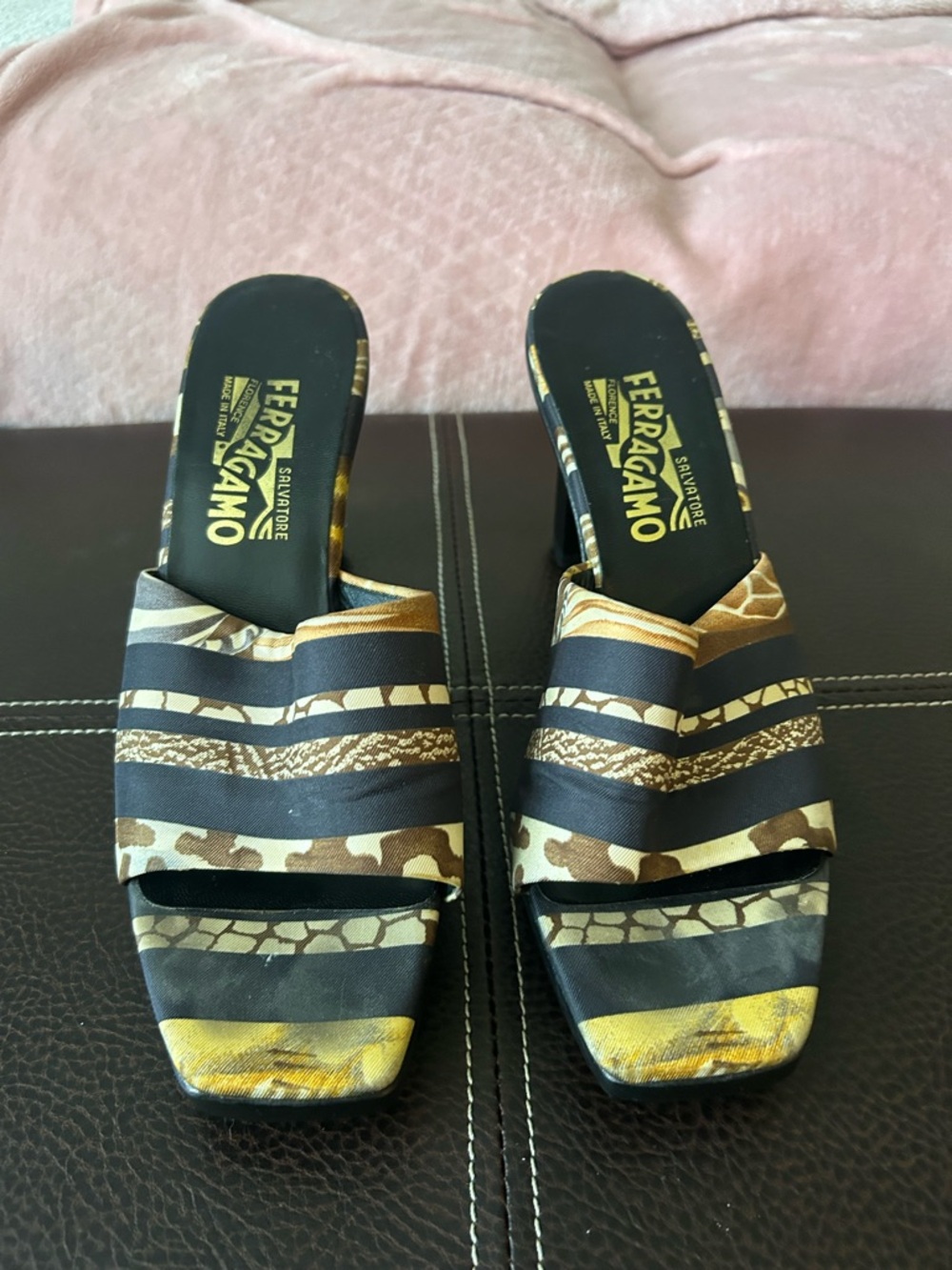 Salvatore Ferragamo Black and Gold Patterned Slide Mules